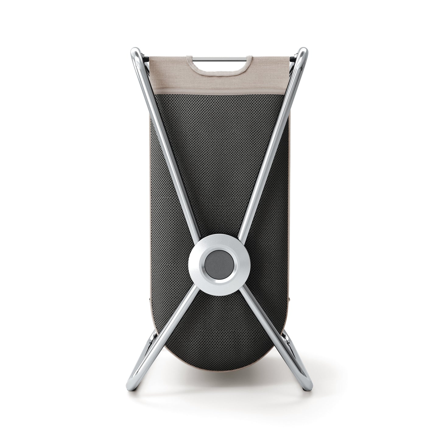 Back view of Simplehuman Double X-Frame Hamper, polished stainless steel frame and carry handle of the removable liner.