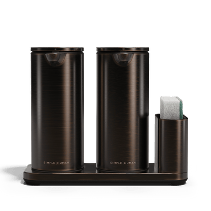 Studio view: Simplehuman Dark Bronze Dual Sensor Pump 14 oz. with integrated sponge caddy, twin rechargeable, hands-free.