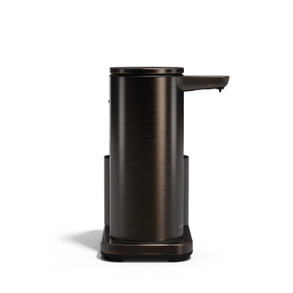 Profile view: Simplehuman Brushed Bronze 14 oz Sensor Pump + Caddy, touch-free rechargeable dispenser.