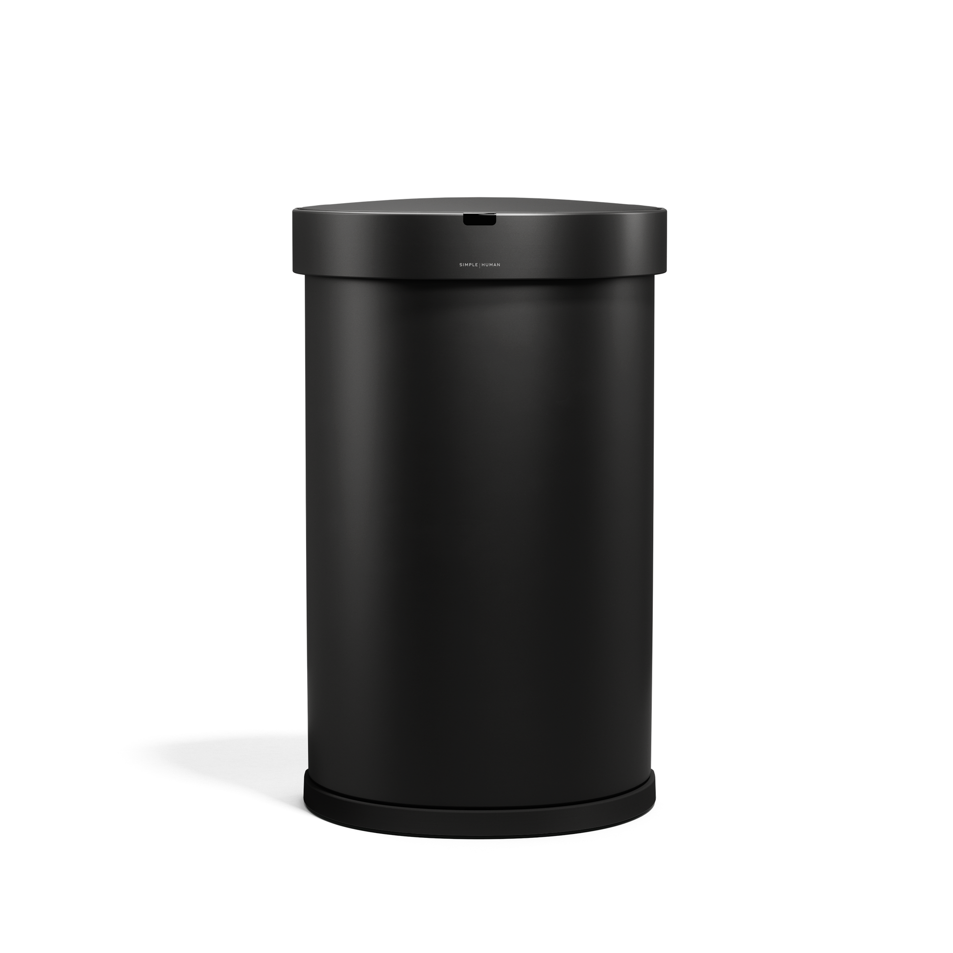 Front view of Simplehuman 45L Semi-Round Sensor Can in Matte Black, touch-free waste disposal.