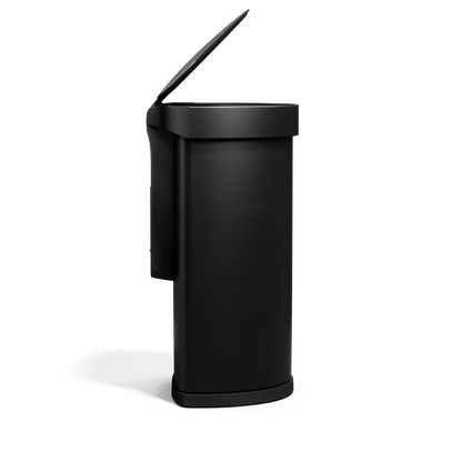 Side view of Simplehuman 45L Semi-Round Sensor Can, Matte Black, lid open, showing built-in liner pocket.