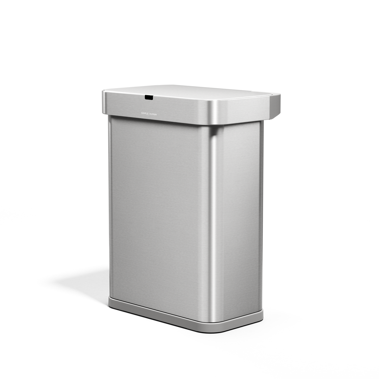 Angled view of Simplehuman 58L Rectangular Sensor Can in Brushed Stainless Steel, touch-free operation.