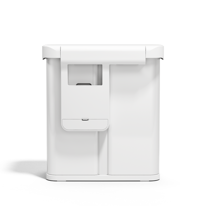 Back view, Simplehuman White 58L Sensor Recycler showing the integrated liner dispenser pocket.