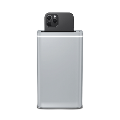 Front view of Simplehuman Cleanstation, Brushed Stainless Steel, UV-C sanitizer cleaning phone with active indicator light.