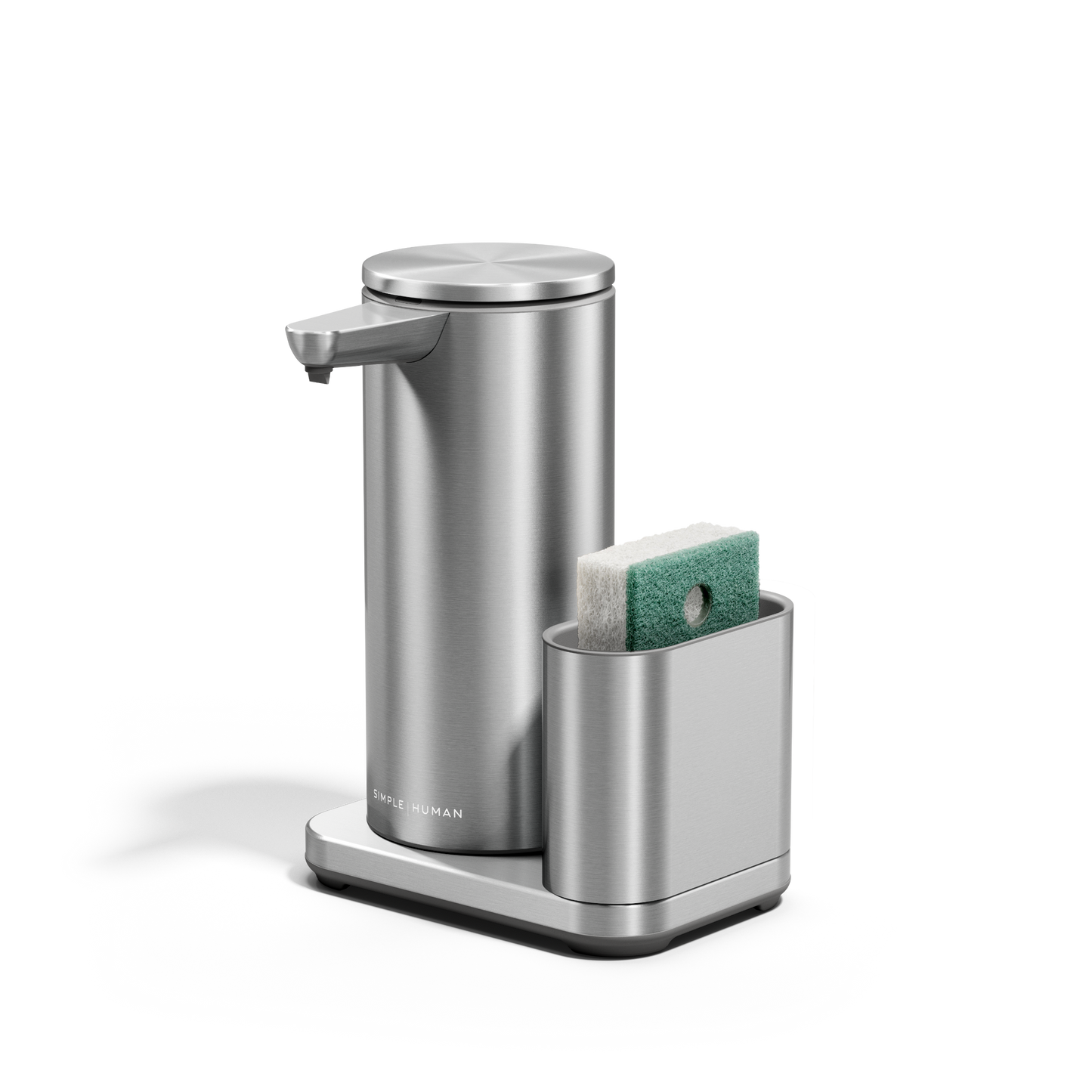 Angled view of Simplehuman 14 oz Sensor Pump + Caddy in Brushed Stainless Steel, touch-free operation.