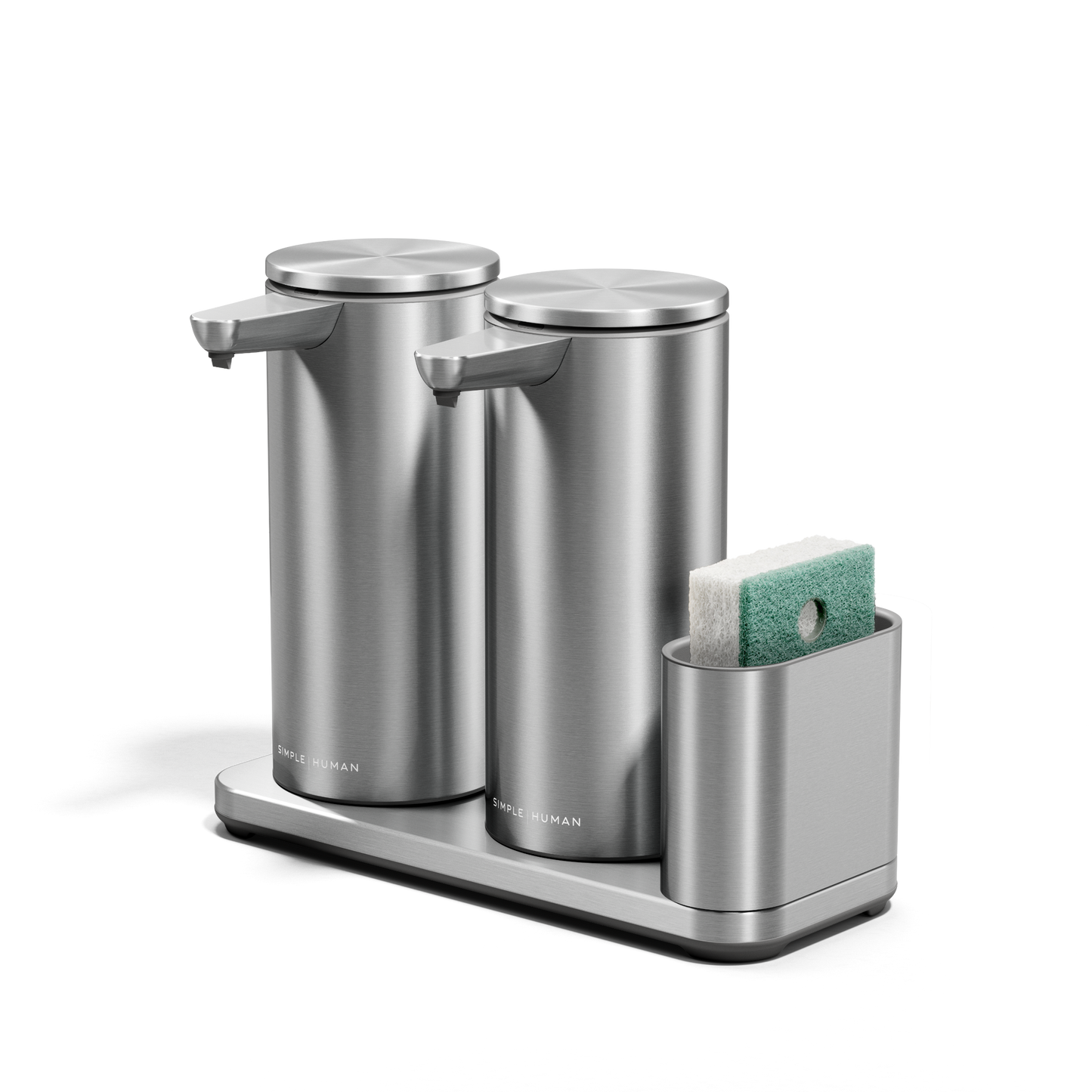Angled view of Simplehuman Dual Sensor Pump 14 oz. with Caddy in Brushed Stainless Steel, touch-free soap dispenser.