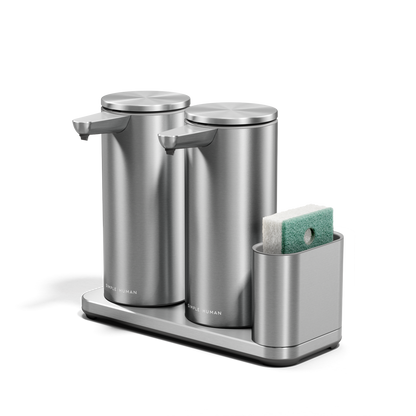 Angled view of Simplehuman Dual Sensor Pump 14 oz. with Caddy in Brushed Stainless Steel, touch-free soap dispenser.
