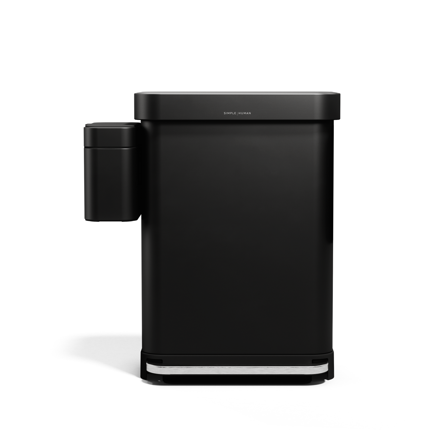 Simplehuman Matte Black Step Can with magnetically attached Compost Caddy, full front view.