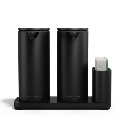 Simplehuman Matte Black Dual Sensor Pump 14 oz. with integrated caddy holding a sponge, touch-free and rechargeable.