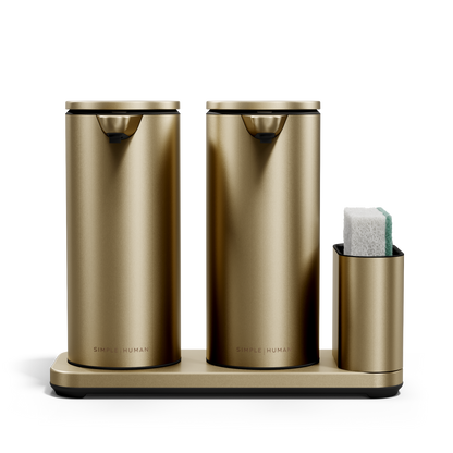 Isolated view: Simplehuman Brushed Brass Dual Sensor Pump 14 oz. with Caddy and sponge, rechargeable, touch-free.