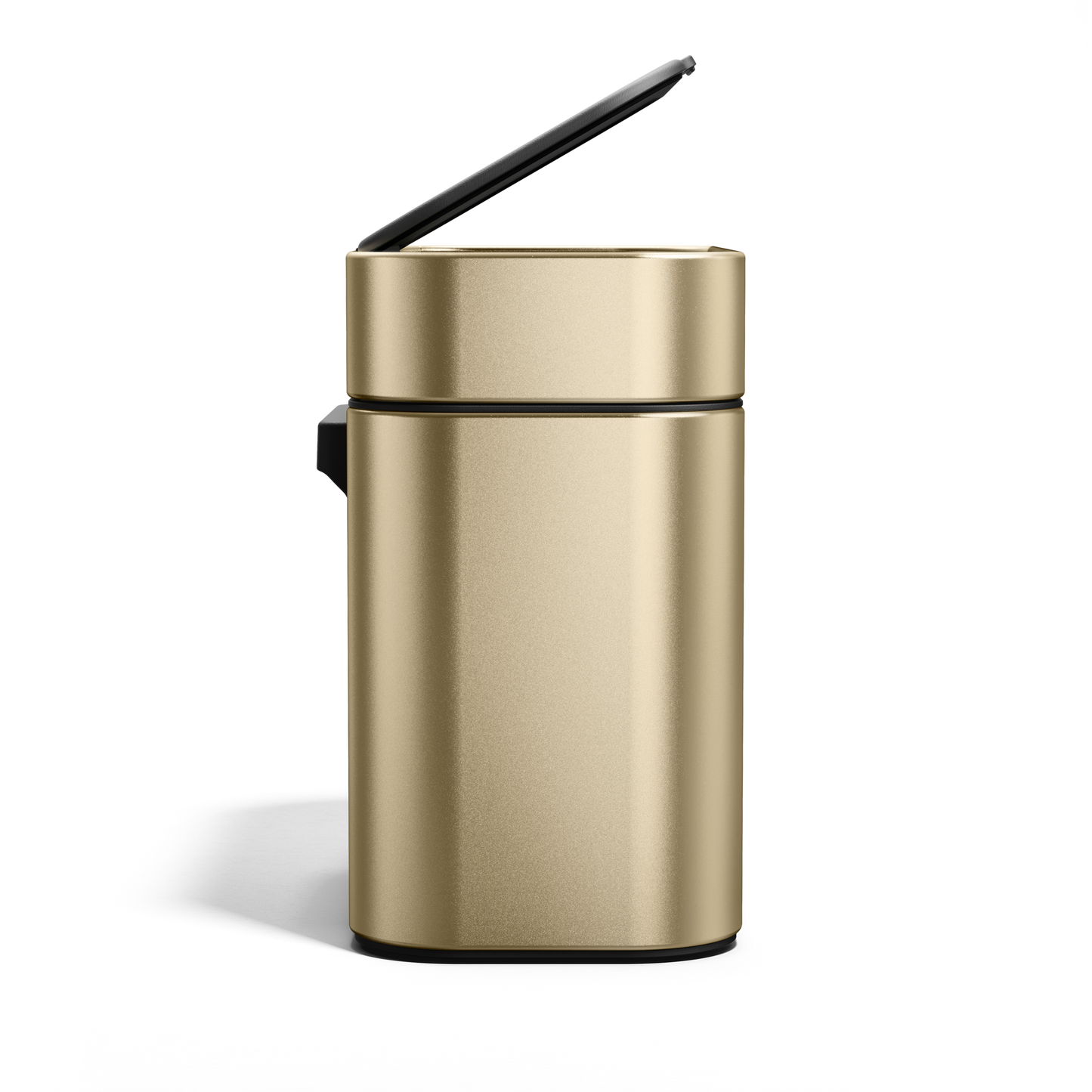 Profile view of Simplehuman Brass Compost Caddy with raised lid for quick food scrap disposal.