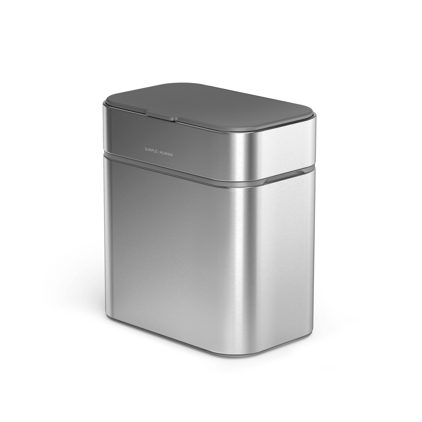 Angled view of Simplehuman Brushed Stainless Steel Shredder, compact and touch-free operation