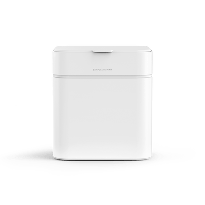 Simplehuman White Shredder, front view, compact and touch-free sensor operation.
