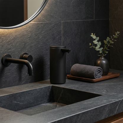 Simplehuman's 9 oz. Liquid Sensor Pump in Matte Black in a darker bathroom setting with black appliances, a few plants and a charcoal colored towel on a wooden tray.